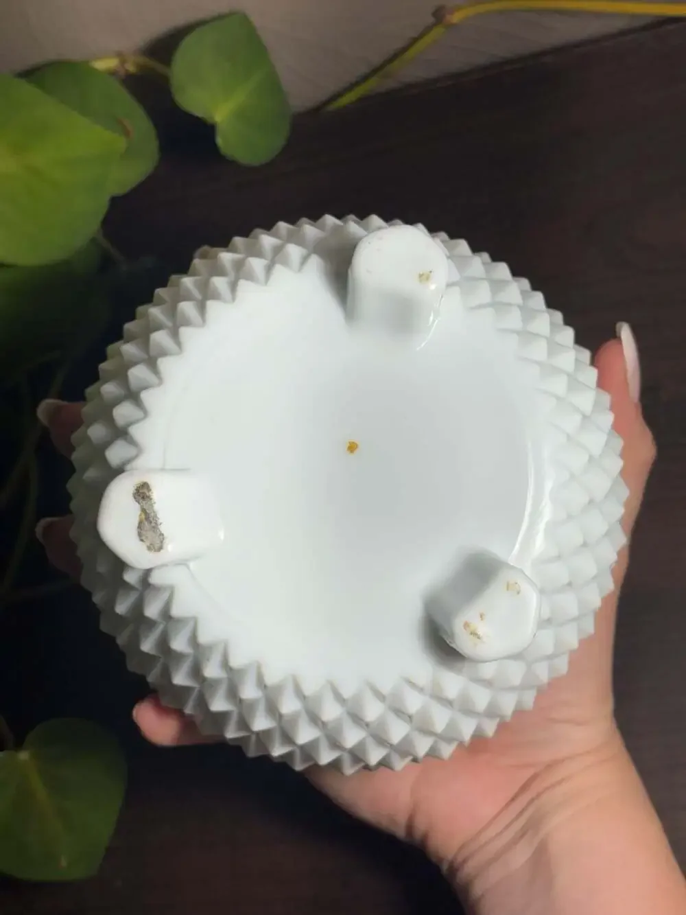 Vintage Indiana Glass Diamond Point Milk Glass Three-Toed Bowl